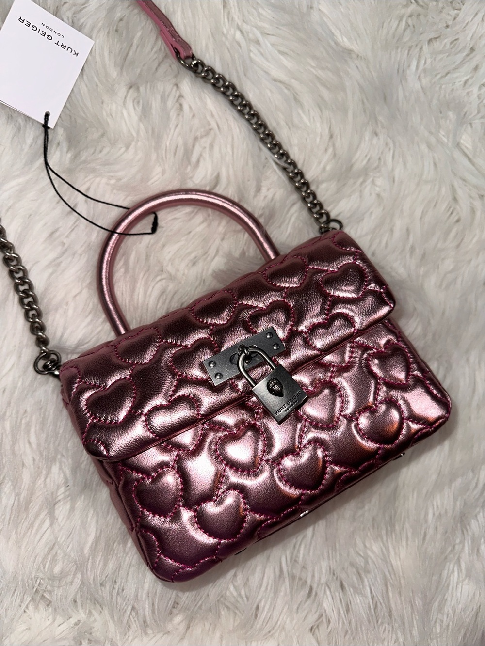Kurt Geiger • The Brixton Quilted Heart Metallic Leather Top Handle Purse - Picture 14 of 17